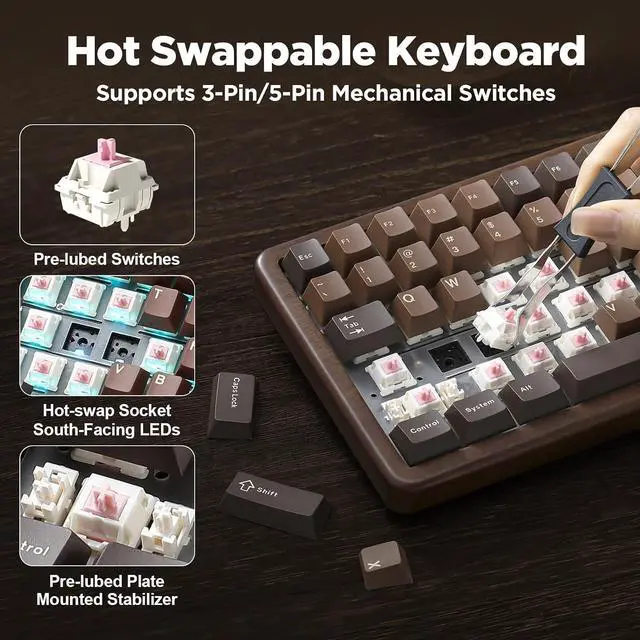 Alt view image 5 of 7 - WOOD84 75% Wireless RGB Mechanical Gaming Keyboard(Wood, Candy)