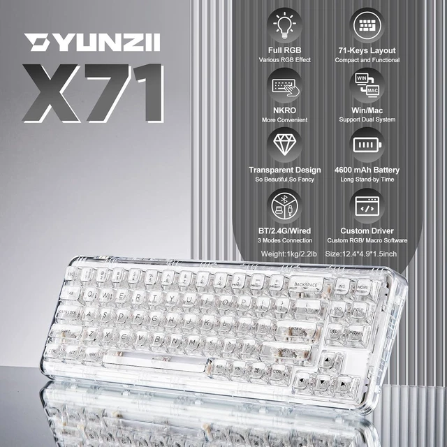 Alt view image 2 of 7 - YUNZII X71 68% Wireless RGB Mechanical Keyboard(White, Crystal Ice Switch)