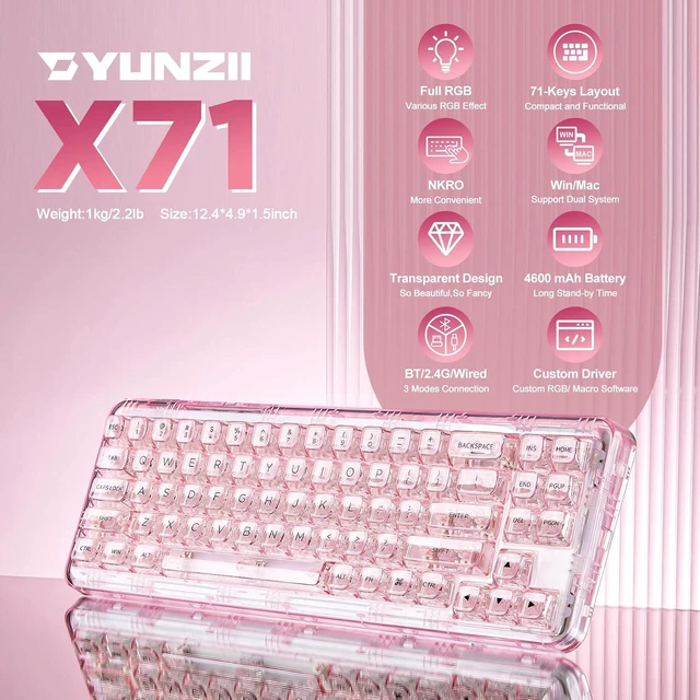 Alt view image 2 of 7 - X71 68% Wireless RGB Mechanical Keyboard (Pink,Crystal Ice Switch)