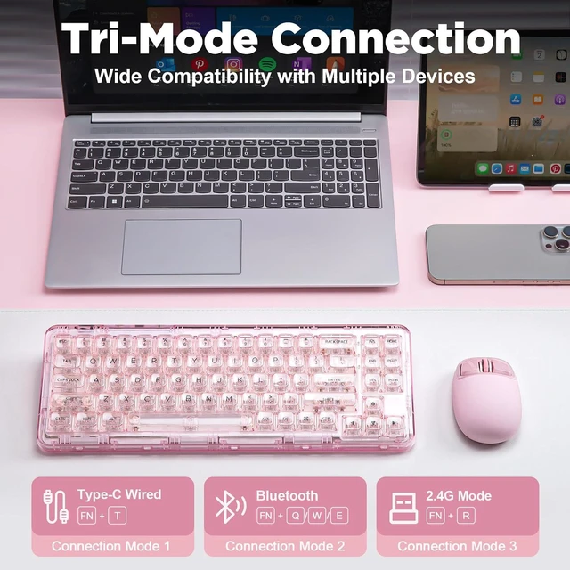 Alt view image 5 of 7 - X71 68% Wireless RGB Mechanical Keyboard (Pink,Crystal Ice Switch)