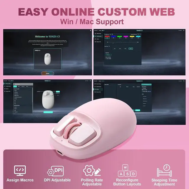 Alt view image 7 of 7 - YUNZII C1 Wireless Tri-Mode Wireless Mouse 4800 DPI Optical (Pink)