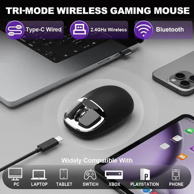 Alt view image 3 of 7 - YUNZII C1 Wireless Tri-Mode Wireless Mouse 4800 DPI Optical (Black Sliver)