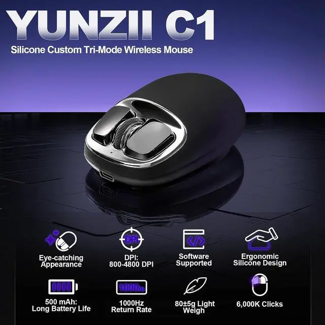 Alt view image 2 of 7 - YUNZII C1 Wireless Tri-Mode Wireless Mouse 4800 DPI Optical (Black Sliver)