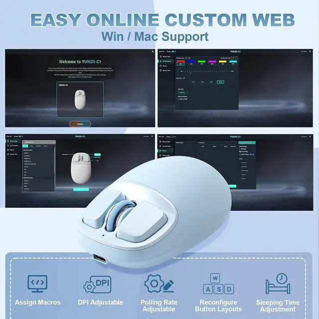 Alt view image 7 of 7 - YUNZII C1 Wireless Tri-Mode Wireless Mouse 4800 DPI Optical (Blue)