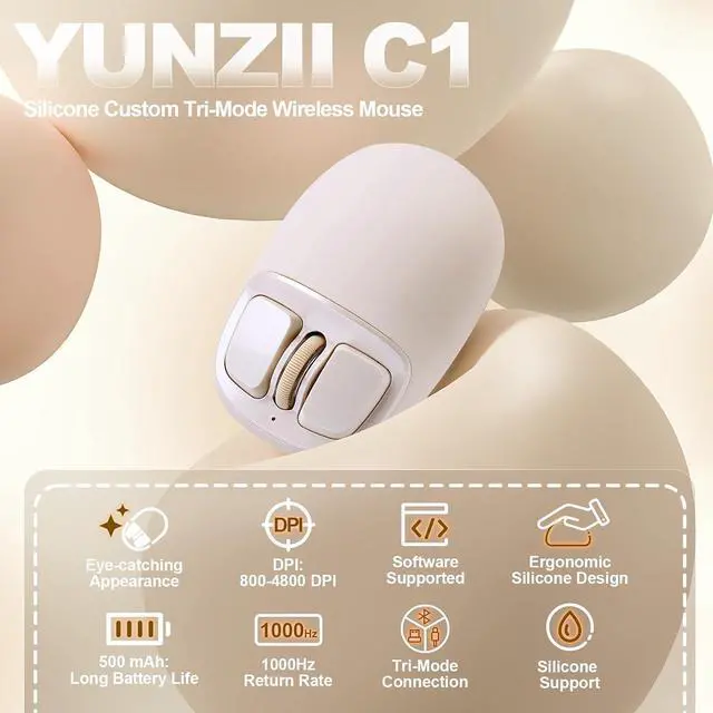 Alt view image 2 of 7 - YUNZII C1 Wireless Tri-Mode Wireless Mouse 4800 DPI Optical (Beige)