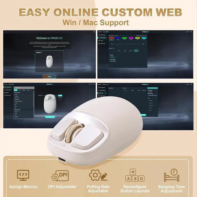 Alt view image 7 of 7 - YUNZII C1 Wireless Tri-Mode Wireless Mouse 4800 DPI Optical (Beige)