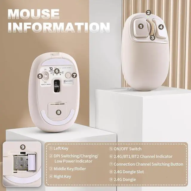 Alt view image 5 of 7 - YUNZII C1 Wireless Tri-Mode Wireless Mouse 4800 DPI Optical (Beige)