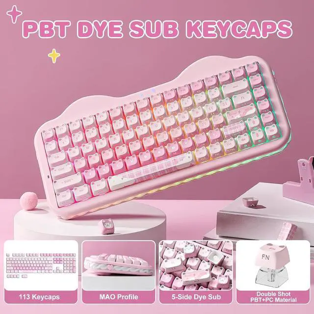 Alt view image 3 of 7 - YUNZII Cute Cat 113 Keys PBT/PC Shine Through Keycaps (Pink, Mao Profile)