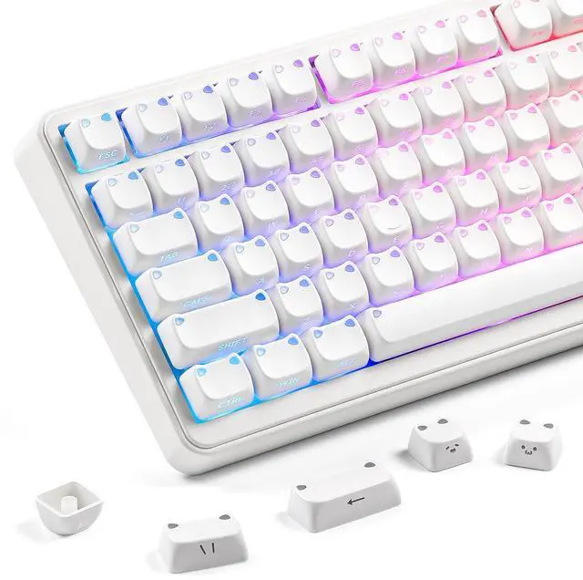 Main image of YUNZII Cute Cat 113 Keys PBT/PC Shine Through Keycaps (White, Mao Profile)