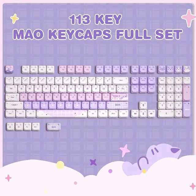 Alt view image 2 of 7 - YUNZII Cute Cat 113 Keys PBT/PC Shine Through Keycaps (Purple, Mao Profile)