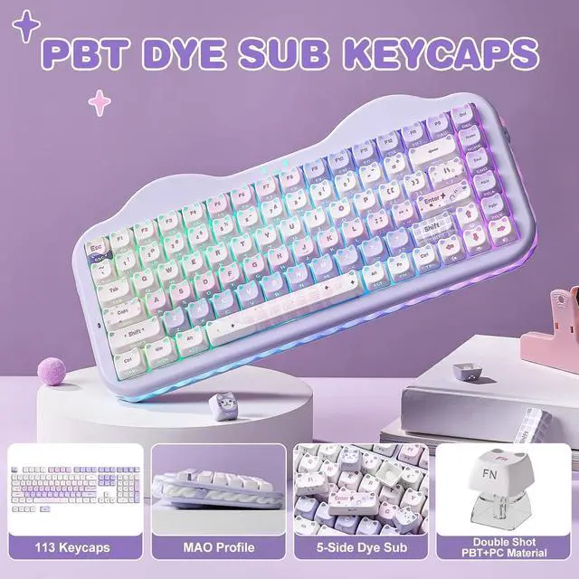 Alt view image 3 of 7 - YUNZII Cute Cat 113 Keys PBT/PC Shine Through Keycaps (Purple, Mao Profile)