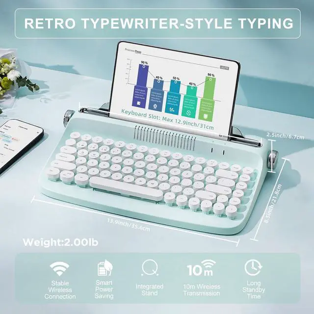 Alt view image 2 of 7 - YUNZII ACTTO B303 Wireless Retro Typewriter Bluetooth Keyboard(Sweet Mint)