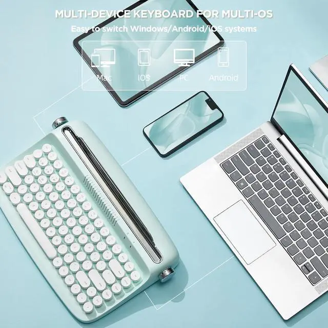 Alt view image 4 of 7 - YUNZII ACTTO B303 Wireless Retro Typewriter Bluetooth Keyboard(Sweet Mint)