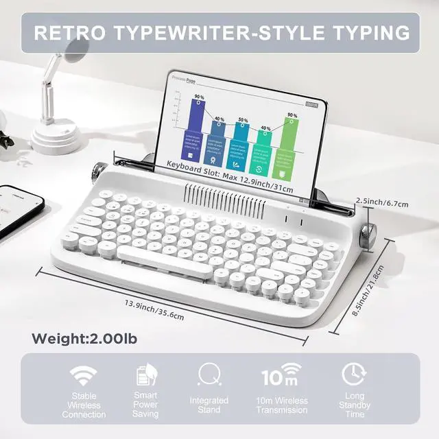 Alt view image 2 of 7 - YUNZII ACTTO B303 Wireless Retro Typewriter Bluetooth Keyboard(Snow White)