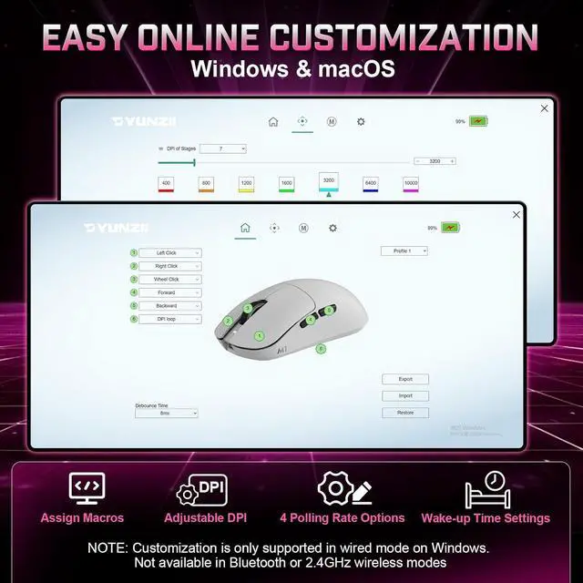 Alt view image 7 of 7 - YUNZII M1 PAW3311 Sensor Wireless Gaming Mouse (Pink)