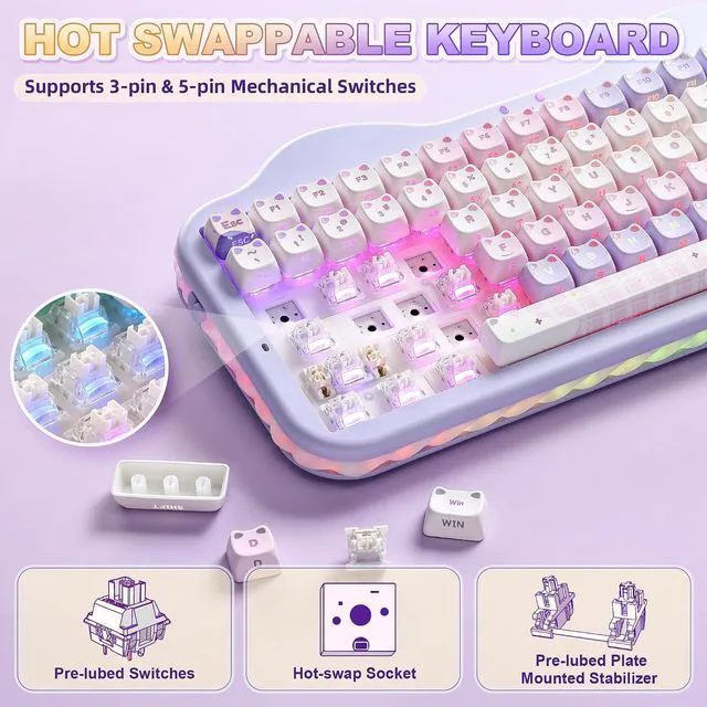 Alt view image 5 of 7 - YUNZII C75 Cute Cake Wireless Mechanical Keyboard(Purple Mao,Milk Switch)