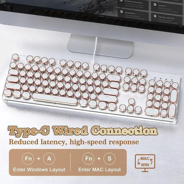 Alt view image 3 of 7 - YUNZII QL108 Typewriter Style Mechanical Gaming Keyboard,Full Size Hot Swappable RGB Backlit Keyboards,Metal Panel Retro Punk Round Keycaps,USB Wired Computer Keyboard (Silver, Onyx Gray Switch)