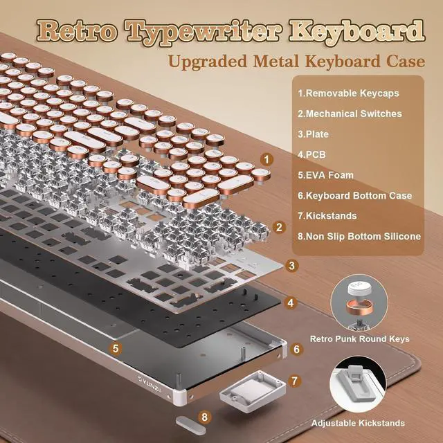 Alt view image 4 of 7 - YUNZII QL108 Typewriter Style Mechanical Gaming Keyboard,Full Size Hot Swappable RGB Backlit Keyboards,Metal Panel Retro Punk Round Keycaps,USB Wired Computer Keyboard (Silver, Onyx Gray Switch)