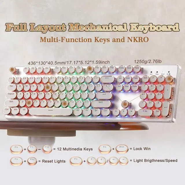 Alt view image 5 of 7 - YUNZII QL108 Typewriter Style Mechanical Gaming Keyboard,Full Size Hot Swappable RGB Backlit Keyboards,Metal Panel Retro Punk Round Keycaps,USB Wired Computer Keyboard (Silver, Onyx Gray Switch)