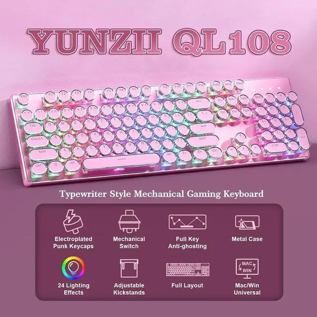 Alt view image 2 of 7 - YUNZII QL108 Typewriter Mechanical Gaming Keyboard, Pink