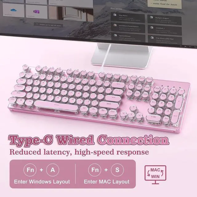 Alt view image 3 of 7 - YUNZII QL108 Typewriter Mechanical Gaming Keyboard, Pink