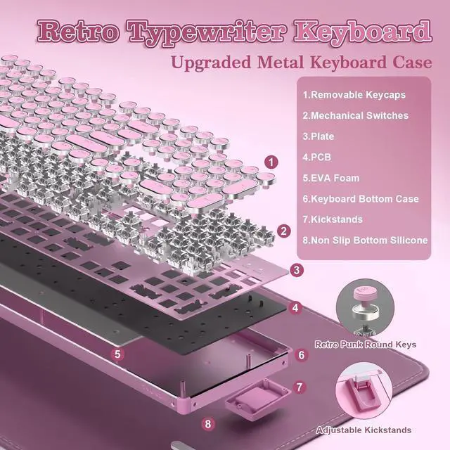 Alt view image 4 of 7 - YUNZII QL108 Typewriter Mechanical Gaming Keyboard, Pink