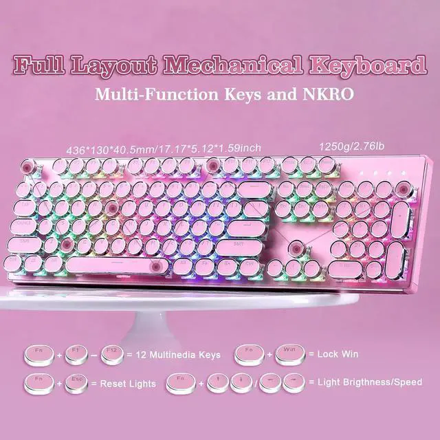 Alt view image 5 of 7 - YUNZII QL108 Typewriter Mechanical Gaming Keyboard, Pink