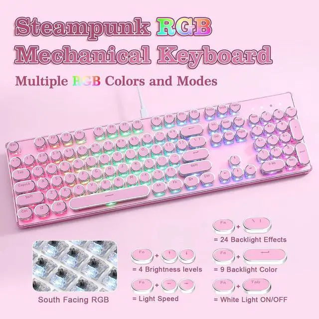 Alt view image 7 of 7 - YUNZII QL108 Typewriter Mechanical Gaming Keyboard, Pink
