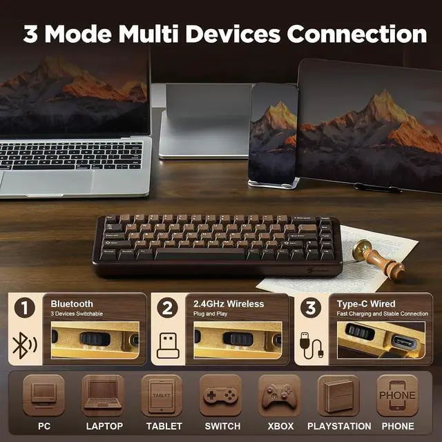 Alt view image 4 of 7 - WOOD68 Wireless Mechanical Keyboard (Wood, Candy Switch), YUNZll M1 Wireless Mouse (Black)