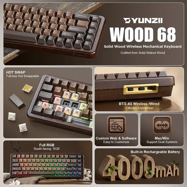 Alt view image 3 of 7 - WOOD68 Wireless Mechanical Keyboard (Wood, Candy Switch), YUNZll M1 Wireless Mouse (Black)