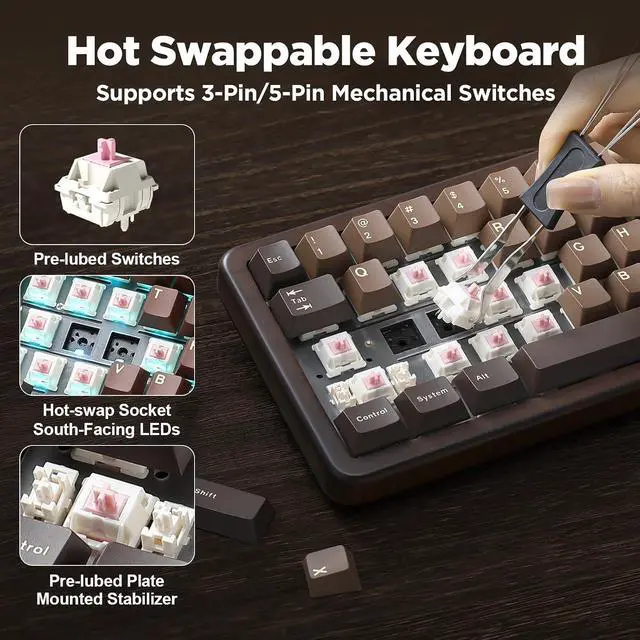 Alt view image 5 of 7 - WOOD68 65% Wireless Hot Swap RGB Mechanical Keyboard (Wood, Candy)