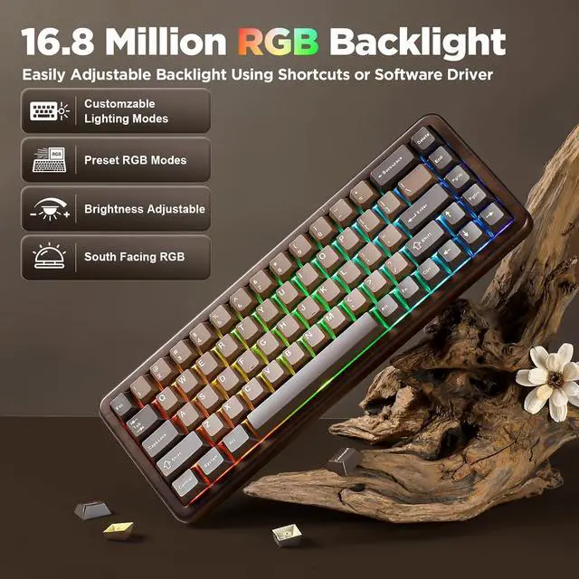 Alt view image 7 of 7 - WOOD68 65% Wireless Hot Swap RGB Mechanical Keyboard (Wood, Candy)