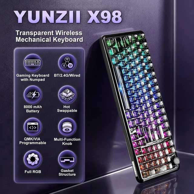 Alt view image 2 of 7 - YUNZII X98 Wireless Mechanical Gaming Keyboard,QMK/VIA,Tri-Mode BT5.0/USB-C/2.4GHz Gasket Mount Hot Swappable Keyboard with Knob,Liner Switches RGB Backlit for Win/Mac (Black, Snow Switch)