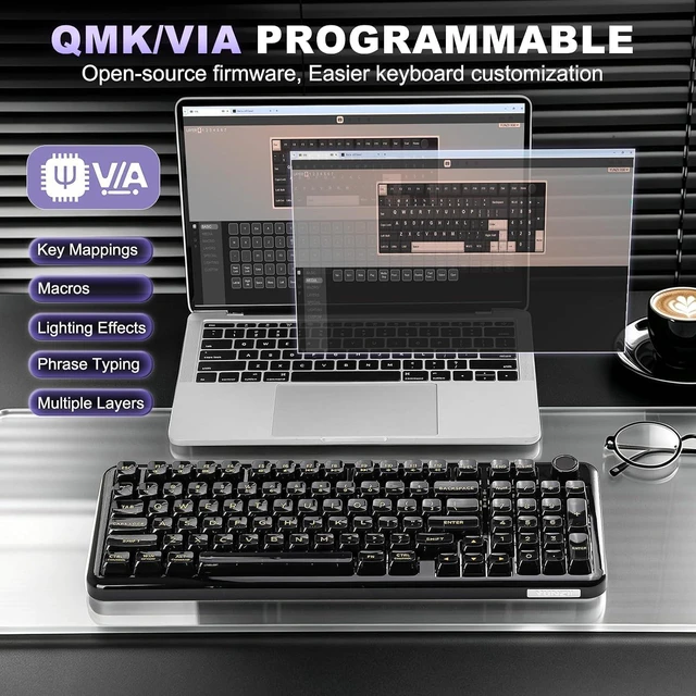 Alt view image 5 of 7 - YUNZII X98 Wireless Mechanical Gaming Keyboard,QMK/VIA,Tri-Mode BT5.0/USB-C/2.4GHz Gasket Mount Hot Swappable Keyboard with Knob,Liner Switches RGB Backlit for Win/Mac (Black, Snow Switch)