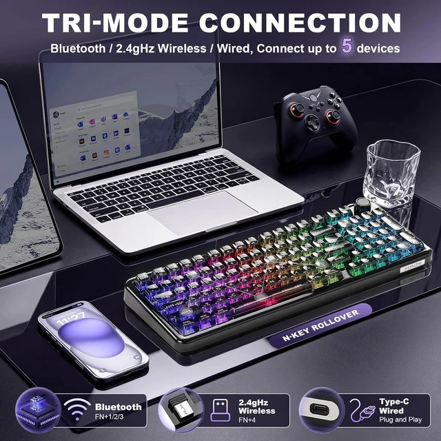 Alt view image 6 of 7 - YUNZII X98 Wireless Mechanical Gaming Keyboard,QMK/VIA,Tri-Mode BT5.0/USB-C/2.4GHz Gasket Mount Hot Swappable Keyboard with Knob,Liner Switches RGB Backlit for Win/Mac (Black, Snow Switch)
