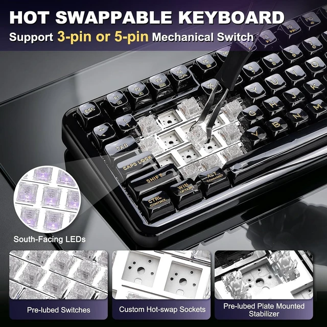 Alt view image 3 of 7 - X98 Wireless Mechanical Gaming Keyboard,QMK/VIA,Tri-Mode BT5.0/USB-C/2.4GHz Gasket Mount Hot Swappable Keyboard with Knob,Liner Switches RGB Backlit for Win/Mac (Black, Crystal Switch)