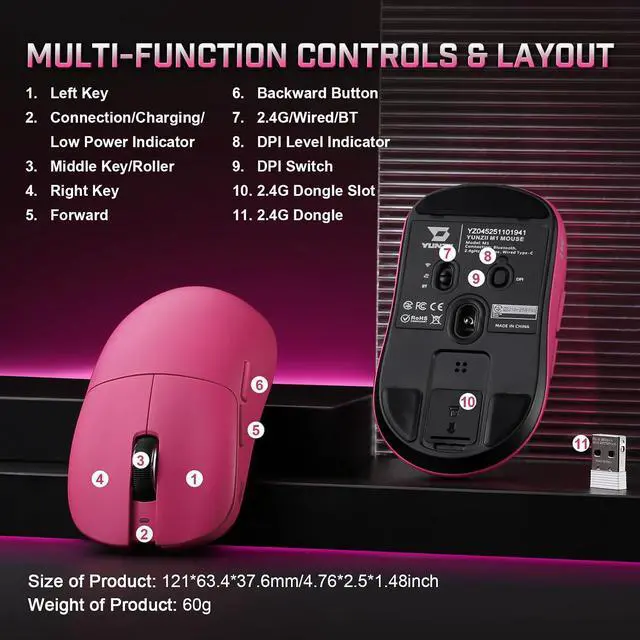 Alt view image 5 of 7 - YUNZII M1 PAW3311 Sensor Wireless Gaming Mouse (Pink)