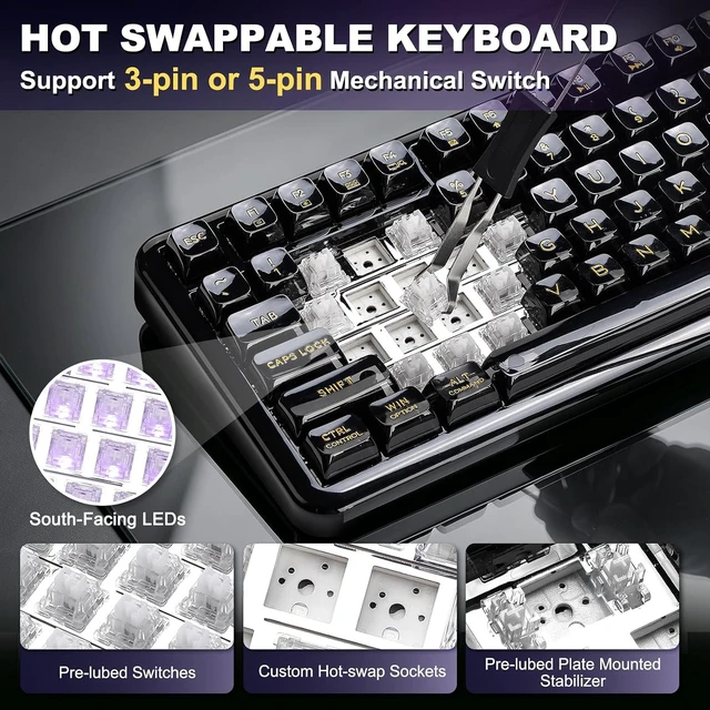 Alt view image 3 of 7 - YUNZII X98 Wireless Mechanical Gaming Keyboard,QMK/VIA,Tri-Mode BT5.0/USB-C/2.4GHz Gasket Mount Hot Swappable Keyboard with Knob,Liner Switches RGB Backlit for Win/Mac (Black, Snow Switch)