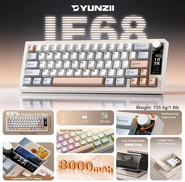 Alt view image 2 of 7 - YUNZII IF68 Wireless Mechanical Keyboard (Beige,Candy Switch)