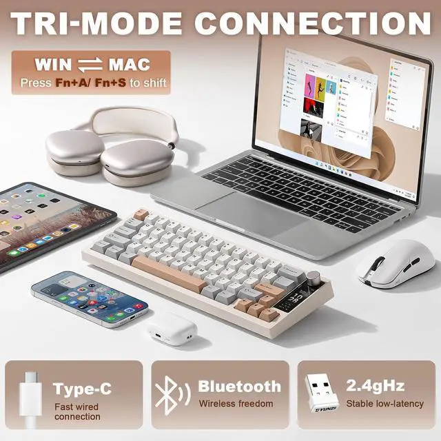 Alt view image 5 of 7 - YUNZII IF68 Wireless Mechanical Keyboard (Beige,Candy Switch)