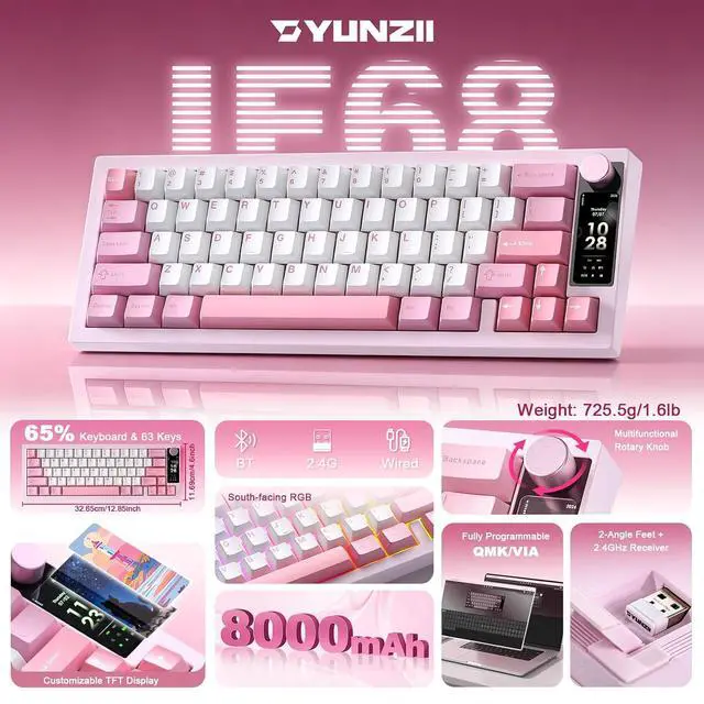 Alt view image 2 of 7 - YUNZII IF68 Wireless Mechanical Keyboard (Pink,Milk V2 Switch)