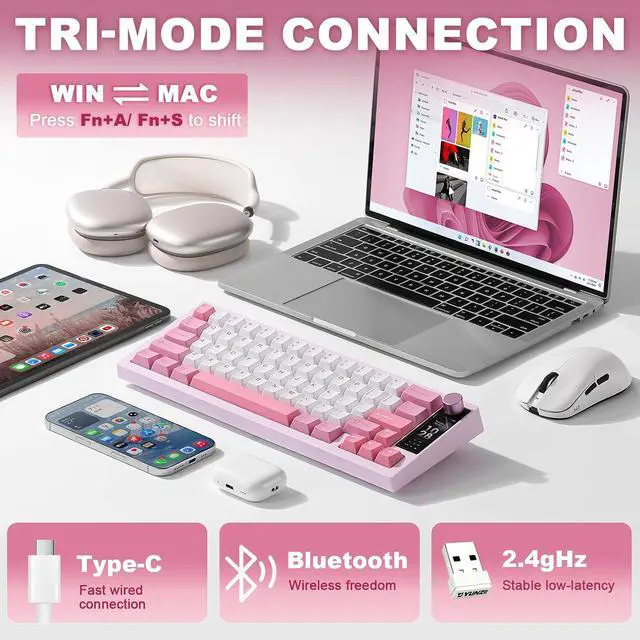 Alt view image 5 of 7 - YUNZII IF68 Wireless Mechanical Keyboard (Pink,Milk V2 Switch)