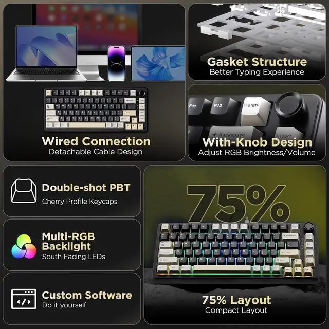 Alt view image 2 of 7 - YUNZII B75 75% Hot Swap RGB Mechanical Keyboard(Black,Milk V2 Linear)