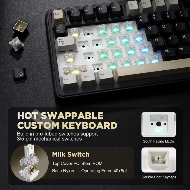 Alt view image 5 of 7 - YUNZII B75 75% Hot Swap RGB Mechanical Keyboard(Black,Milk V2 Linear)