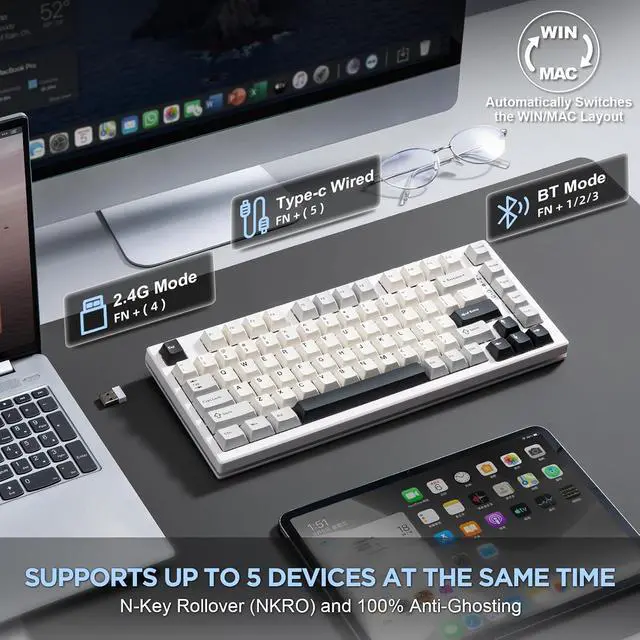 Alt view image 3 of 7 - YUNZII YZ75 75% Gaming Mechanical Keyboard(White, Gateron G Pro Yellow)