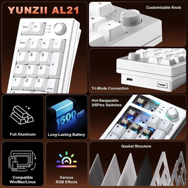 Alt view image 2 of 7 - YUNZII AL21 Aluminum Wireless Number Pad (Silver, Cocoa Cream V2 Switch)