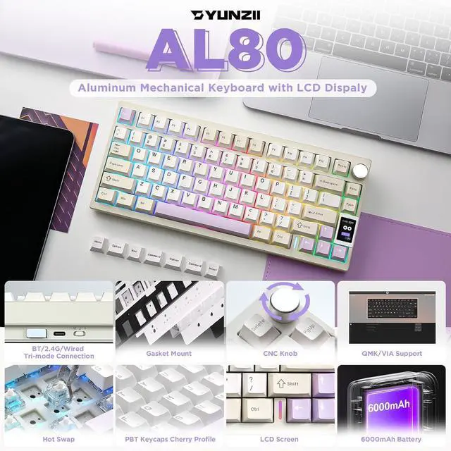 Alt view image 3 of 7 - YUNZII AL80 Wireless Mechanical Keyboard(Beige, Gateron Zero Switch), MOG Dye Sub PBT Keycaps(Pink Ice Cream)