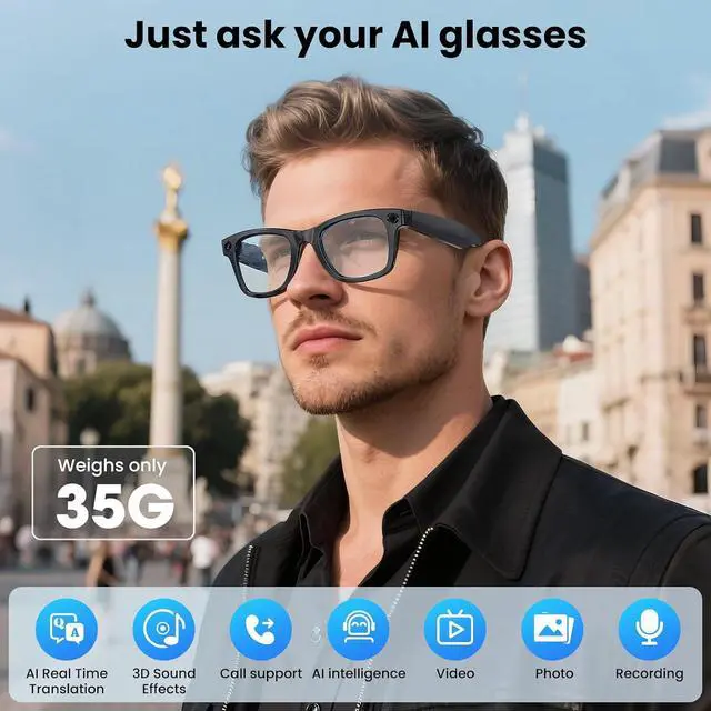 Alt view image 2 of 7 - Mingtawn AI Smart Glasses 4K HD Camera, BT Call, 800W Anti-Shake Camera Glasses with Video Recording Dual Mic, Simultaneous Interpretation/GPT Identify Objects, 270mAh Blue Light GlassesBlue Light