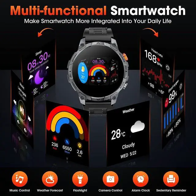 Alt view image 4 of 7 - Military Smart Watches for Men,1.75 Smartwatch with 100-Day Ultra-Long Battery/Flashlight,Fitness Watch for Heart Rate/Sleep/Calling/110+ Sports Mode Smart Watch for Android iOS 1000 mAh
