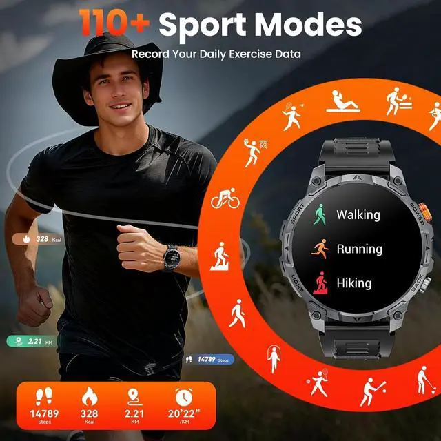 Alt view image 6 of 7 - Military Smart Watches for Men,1.75 Smartwatch with 100-Day Ultra-Long Battery/Flashlight,Fitness Watch for Heart Rate/Sleep/Calling/110+ Sports Mode Smart Watch for Android iOS 1000 mAh